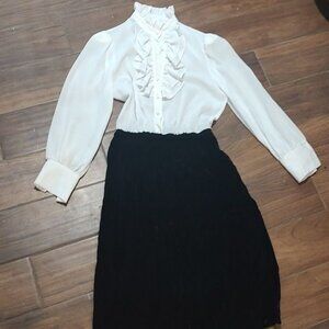 Vintage S black white crushed velvet long sleeve high neck collar dress